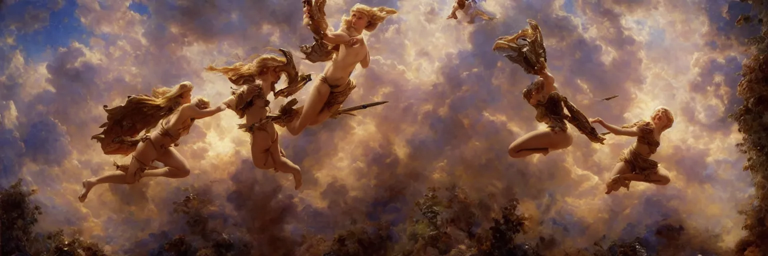 Prompt: a cinematic shot of a blonde young girl killing angels in the sky, the sky is blue, the angels are crying, the young girl is filled with hate, extremely realistic and highly detailed painting by gaston bussiere and j. c. leyendecker 8 k