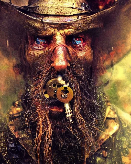 Prompt: a film still extreme close - up shot of an old steampunk wizard in a misty swamp by esao andrews. fallout. colorful, vibrant. trending on artstation