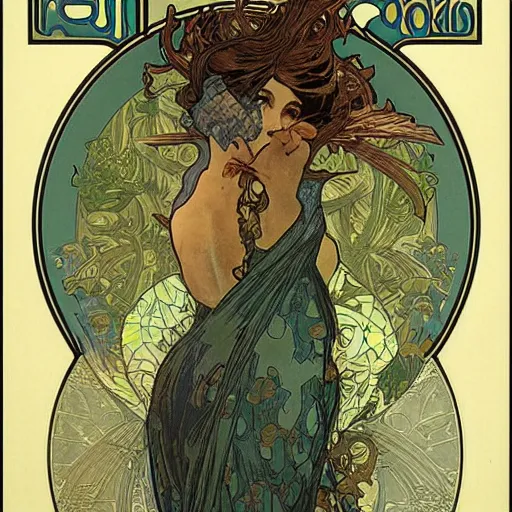 Prompt: art nouveau godzilla by alphonse mucha