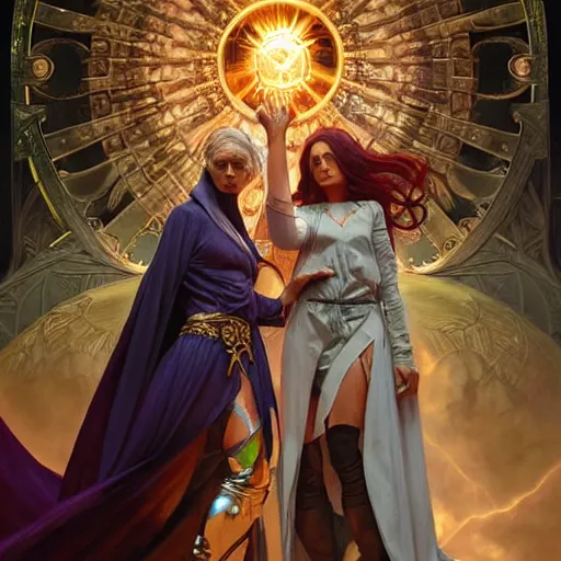 Image similar to painting of powerful stylish sorcerer and a cleric banishing the darkness and its abominations with a rainbow spell, ultra realistic, concept art, intricate details, eerie, highly detailed, photorealistic, octane render, 8 k, unreal engine. art by artgerm and greg rutkowski and magali villeneuve and alphonse mucha