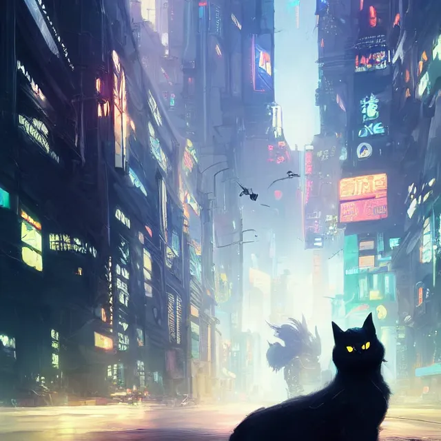 Image similar to a painting of a cute black cat in cyberpunk city. character design by cory loftis, fenghua zhong, ryohei hase, ismail inceoglu and ruan jia. volumetric light, detailed, rendered in octane