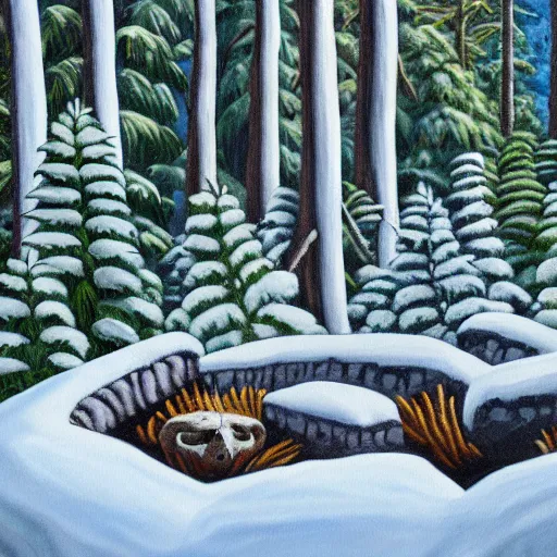 Image similar to Painting of prehistoric shamanic riverside burial site surrounded by snow topped ferns