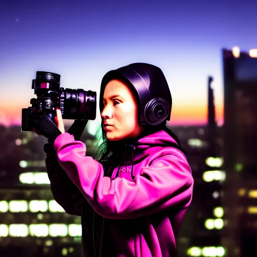 Prompt: photographic portrait of a techwear woman the camera a bullet, closeup, on the rooftop of a futuristic city at night, sigma 85mm f/1.4, 4k, depth of field, high resolution, full color, award winning photography