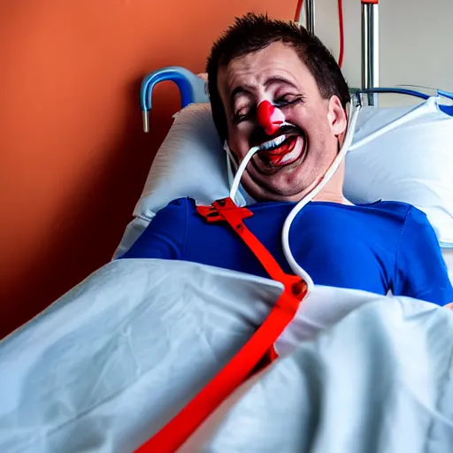 Image similar to confused laughing clown lying in hospital bed with wrist restraints on, restraint fabric straps attached to hospital bed, photograph, 8 k