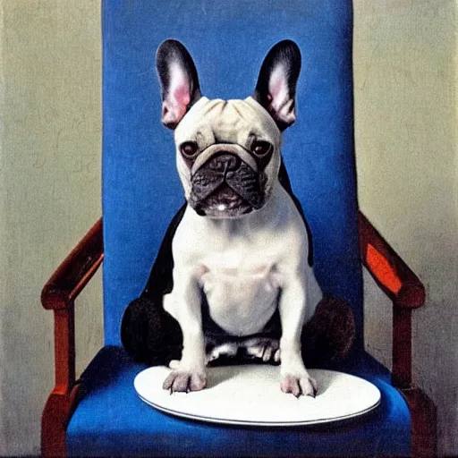Prompt: a french bulldog sitting in a chair, contemplating about the meaning of life, painting by Johannes Vermeer
