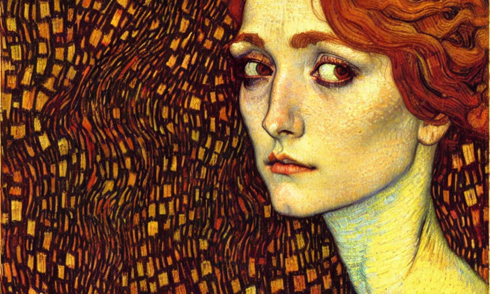 Image similar to detailed realistic beautiful young medieval queen face portrait by jean delville, gustav klimt and vincent van gogh, art nouveau, symbolist, visionary, gothic, pre - raphaelite, muted earthy colors, desaturated