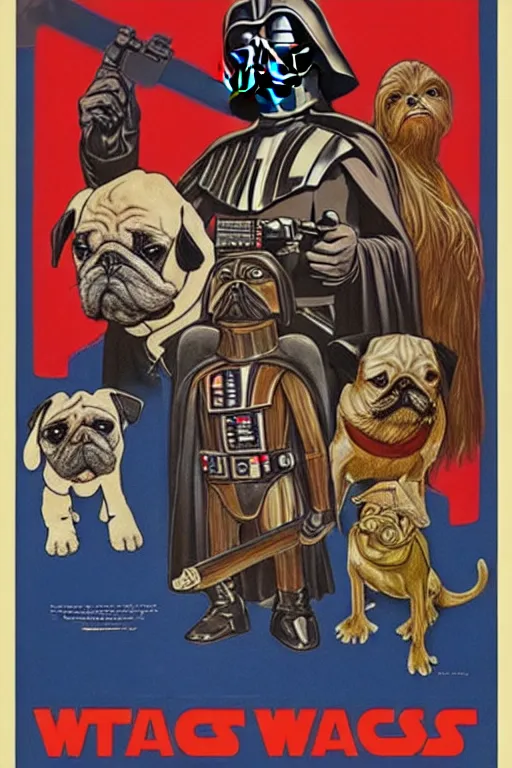 Prompt: vintage star wars movie poster by tom jung, with pugs droids and pug darth vader, film art gallery