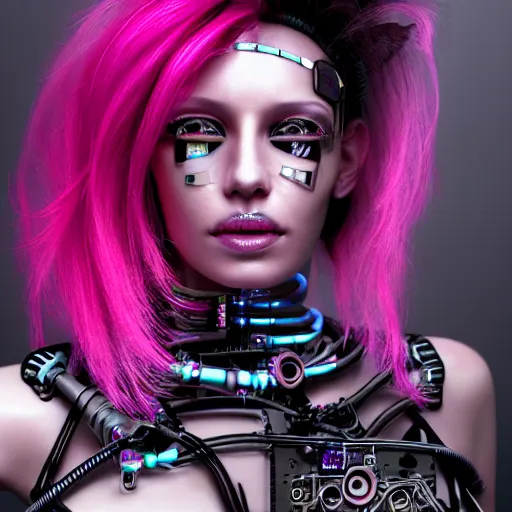 Prompt: portrait of a beautiful mexican woman with pink hair as a cyberpunk cyborg half robot, revealing wires and electronics, circuit boards, wire management, sci - fi, missing panels, intricate abstract upper body intricate artwork, concept art, octane render, deviantart, cinematic, key art, hyperrealism, iridescent accents, portrait photograph, nikon 3 5 mm, photograph by greg rutkowski