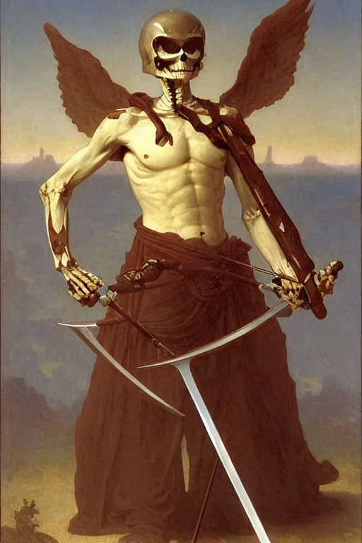 Image similar to portrait of a fully armed skeleton archer with big sword, wearing helmets and armor with wings, symmetrical, solemn, sacred, aura, by bouguereau