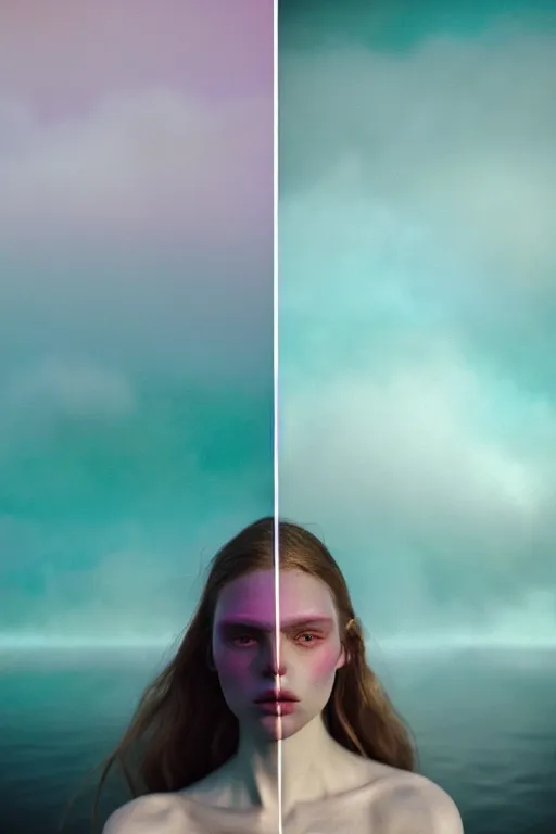 Image similar to high quality pastel coloured film close up wide angle photograph of a model wearing clothing swimming on cloud furniture in a icelandic black rock!! environment in a partially haze filled dreamstate world. three point light, rainbow. photographic production. art directed. pastel colours. volumetric clouds. pastel gradient overlay. waves glitch artefacts. extreme facial clarity. 8 k. filmic.