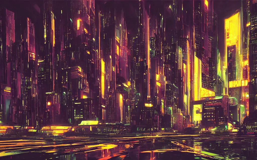 Image similar to futuristic city at night with rain, in the style of syd mead,