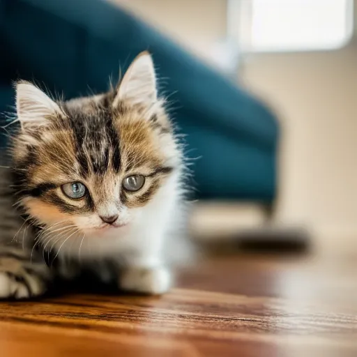 Image similar to photo of shy chunky!!, fluffy!!, kitten hiding under the couch, sharp focus, golden hour, f 1. 4