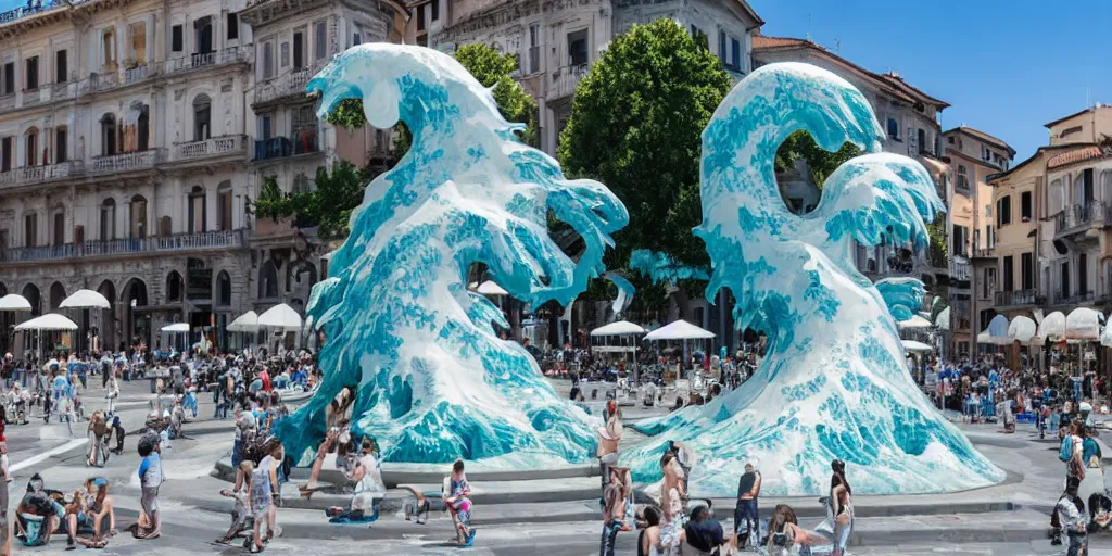 Prompt: A white and blue marble sculpture of The Great Wave off Kanagawa in the middle of an Italian piazza, midday, 4k photograph, sunny day, long shot