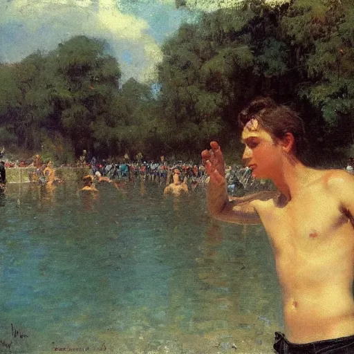 Prompt: a lean young brown haired man in a swimsuit at a water park. By Ilya Repin and Ruan Jia. Masterpiece