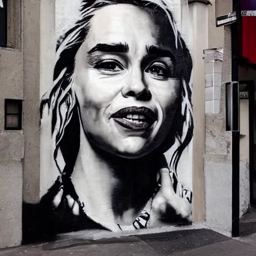 Prompt: Street-art portrait of emilia clarke in style of Banksy, photorealism