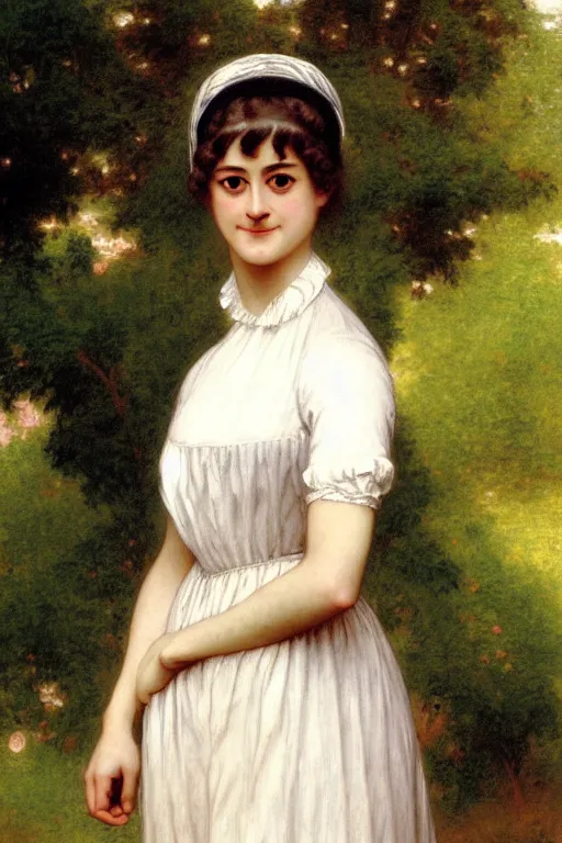 Image similar to jane austen in high - waisted dress, painting by rossetti bouguereau, detailed art, artstation