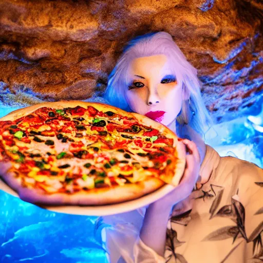 Prompt: cinematic photo of a beautiful albino koi fish woman lit with saturated split colour blue and dusty pink lighting serving pizza in a grotto restaurant