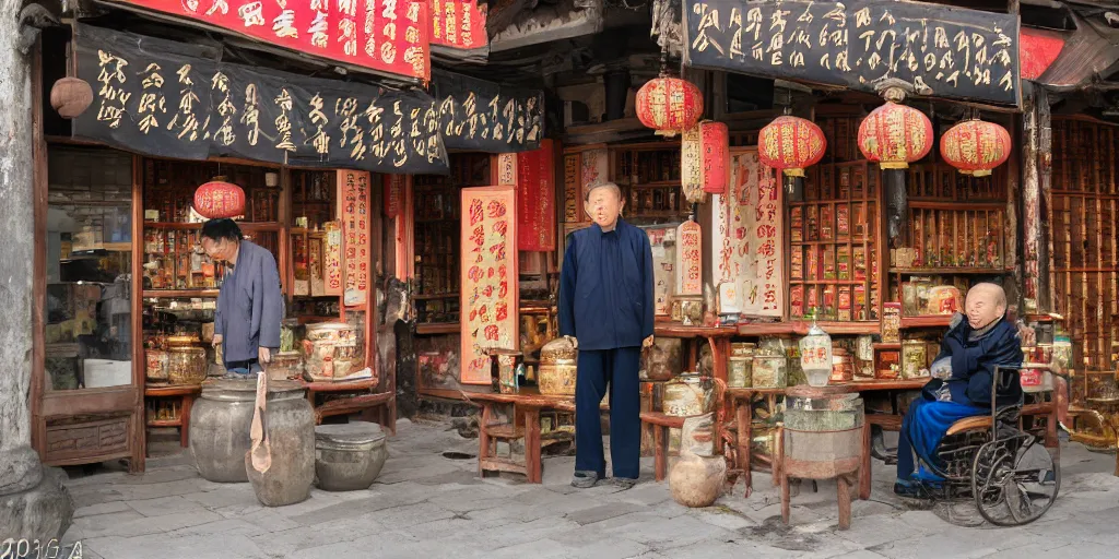 Image similar to ancient chinese traditional medicine shop with an old chinese man holding a jar, photography