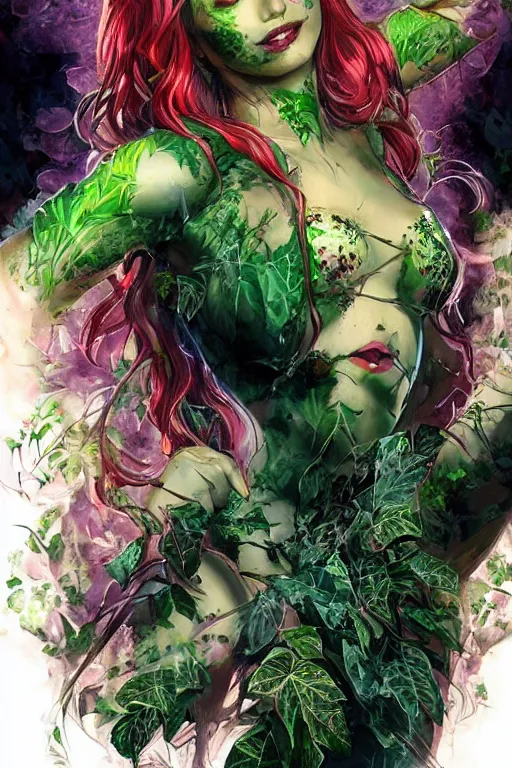 Image similar to Photorealistic frontal standing pose portrait of Emily Ratajowski as Poison Ivy, floral tattoos all around, covered by leaves, push-up underwire, beautiful flowers on her hair Intricate, concept art, magic lighting overlays, magical portal opened, D&D!, fantasy style, sharp focus!, ultra detailed, art by Artgerm and Peter Andrew Jones, WLUP, Magali Villeneuve