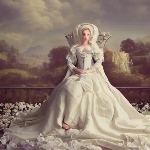 Image similar to a sweet queen with a white large magnificent more and more vaporous ,wrapped ,hight decorated, detailed ,white roses cotton cream dress shooting surrounded by a wonderful renaissance landscape background, octane,3d, surrealism 8k