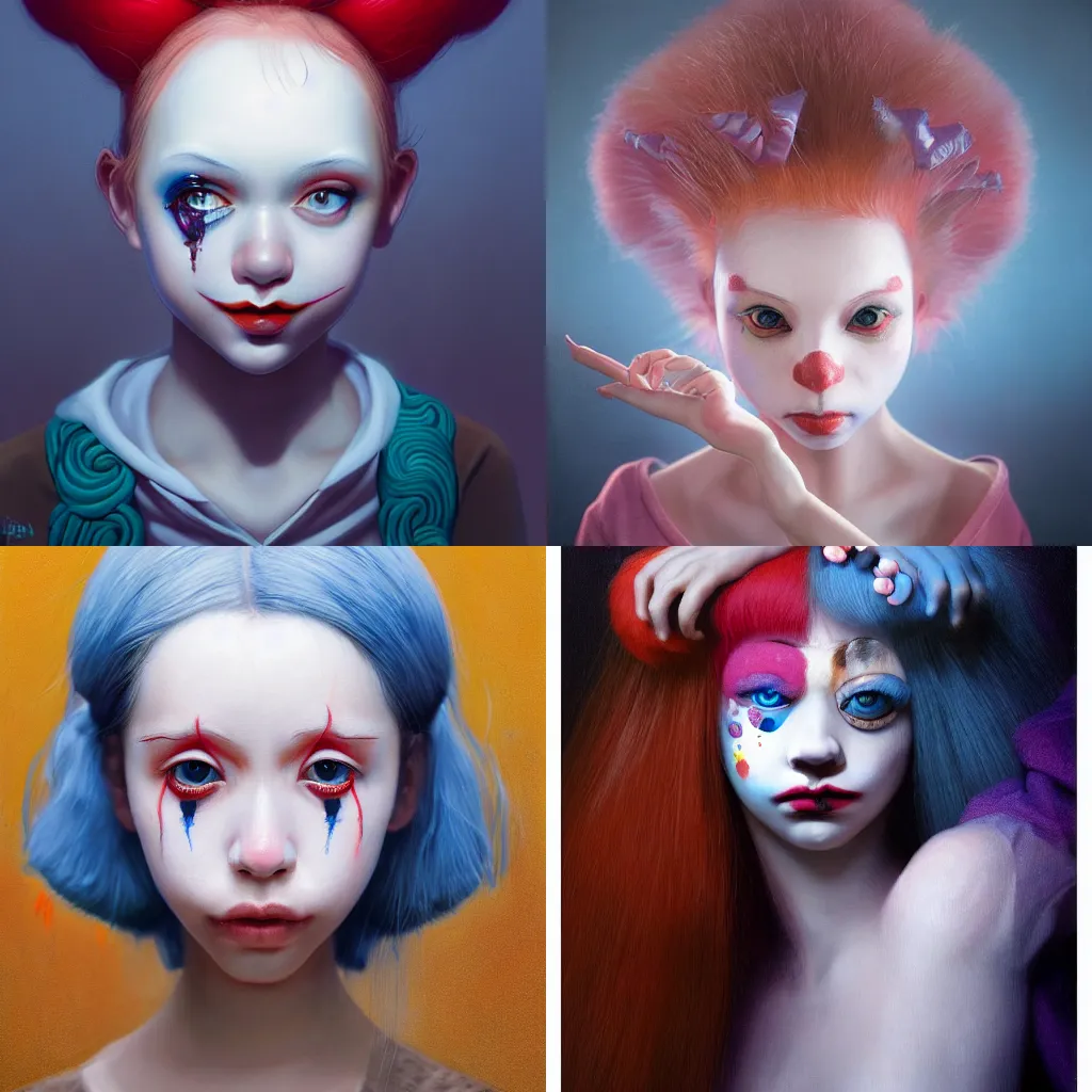 Image similar to breathtaking detailed painting of clown girl , with anxious, piercing eyes, Atari game cover art by Hsiao-Ron Cheng, James jean, Miho Hirano, Hayao Miyazaki, extremely moody lighting, hyperrealistic, octane render, RPG portrait, ambient light, dynamic lighting