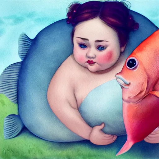 Image similar to a hype realistic oil painting of the most cute little fat girl kissing a huge colorful cute fish. hype realistic scene. old photography style. studio lighting. window. 3 d, octane render, deep focus, fashion style, white scene. very funny and sweet art. unreal engine. watercolor. fellini style. poster quality. da vinci painting style. illustration.
