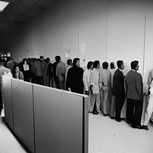 Prompt: employees at an office waiting in line at the exit of the facility, 1970s, color slide film, fisheye lens