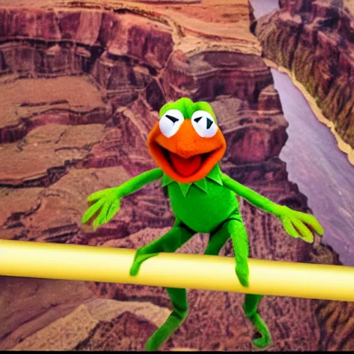 Prompt: kermit the frog walking a tightrope across the grand canyon, photorealistic, cinematic,