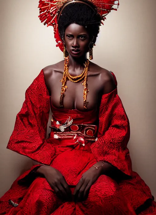 Prompt: portrait of attractive dark - skinned tanzanian woman wearing regal japanese ceremonial attire, red dress, intricate details, red dress, ultra - realistic, studio lighting, contrasting background, editorial photography by greg rutkowski
