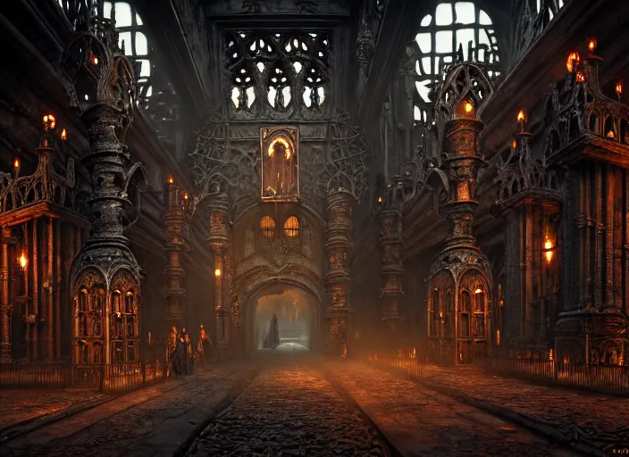 Image similar to steam necropolis, memento mori, gothic, neo - gothic, art nouveau, hyperdetailed copper patina medieval icon, stefan morrell, philippe druillet, ralph mcquarrie, concept art, steampunk, unreal engine, detailed intricate environment, octane render, moody atmospherics, volumetric lighting, ultrasharp, ominous, otherworldly