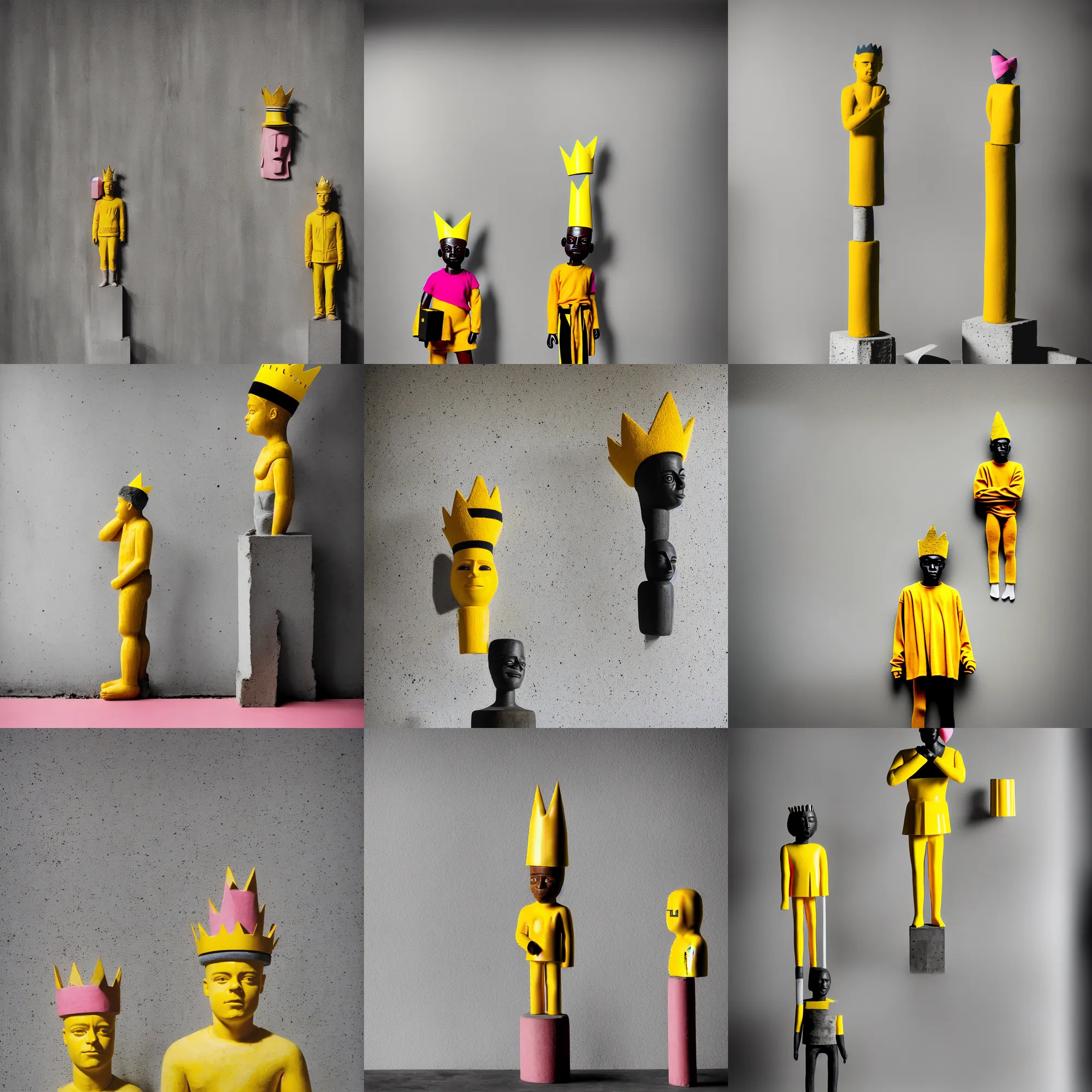 Image similar to kodak portra 4 0 0, 8 k, shot of a highly detailed, britt marling style, colour still - life portrait of a large minimalistic room, rough concrete walls, the wooden statue of a yellow black striped little man with pink crown on his head