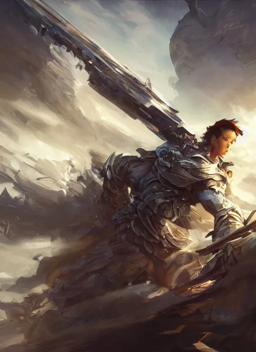 Image similar to paladin from afar, dynamic pose, color page, tankoban, tone mapping, jeongmin lee, johnnyd, herbie wang, robson michel, yang bilong, james jean andrei riabovitchev marc simonetti, yoshitaka amano, long hair, curly, h. hydrochaeri, 4 k