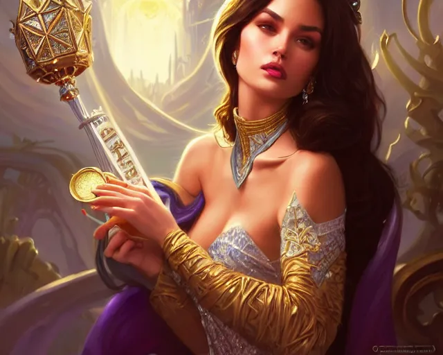 Image similar to lizkatz as miss universe, 8 k, deep focus, d & d, fantasy, intricate, elegant, highly detailed, digital painting, artstation, concept art, matte, sharp focus, illustration, hearthstone, art by artgerm and greg rutkowski and alphonse mucha