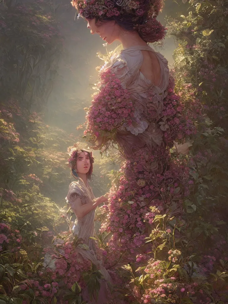 Image similar to highly detailed ornate flower dress, stephen bliss, unreal engine, fantasy art by greg rutkowski, loish, rhads, ferdinand knab, makoto shinkai and lois van baarle, ilya kuvshinov, rossdraws, tom bagshaw, global illumination, radiant light, detailed and intricate environment