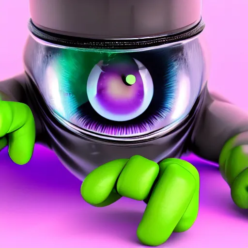 Prompt: hyperrealistic rendering eyeballs beeple claws fangs sofubi, studio lighting, colored gels, colored background, black, lime, violet, explode