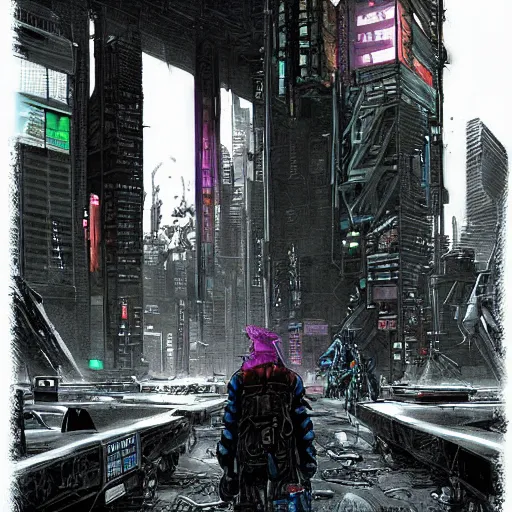 Prompt: cyberpunk mercenary walking the city streets, Industrial Scifi, detailed illustration, Chiaroscuro, concept art, by Martin Grip and Moebius