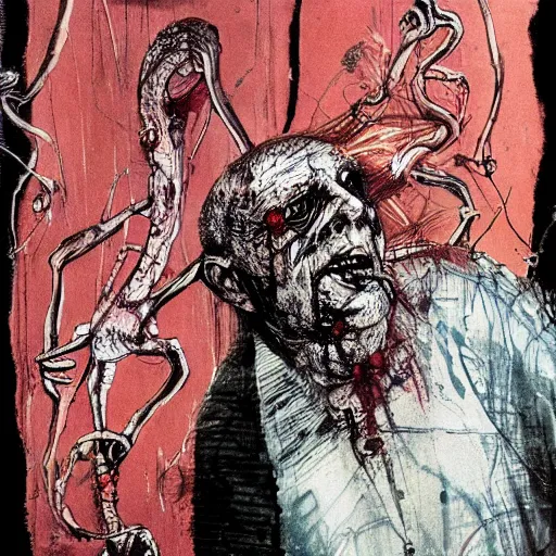 Image similar to Graphic Illustration, Creative Design, Human heart, Biopunk, Body horror, by Ralph Steadman, Francis Bacon, Hunter S Thompson