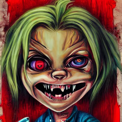 Image similar to grunge painting of chucky by jeremiah ketner | horror themed | creepy