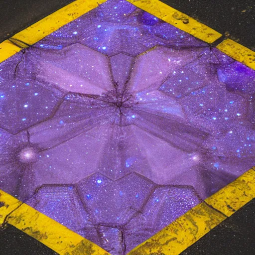 Image similar to hexagonal rhunic plane on a road with purple galaxy seeping out of the hexagons