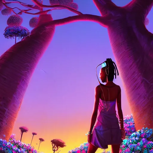 Image similar to an african cyberpunk hacker girl with her headset plugged into a giant glowing baobab tree in the middle of a field of flowers at sunset, by greg rutkowski and android jones in a surreal cyberpunk! style, oil on canvas, 8k hd, synthwave colors!!