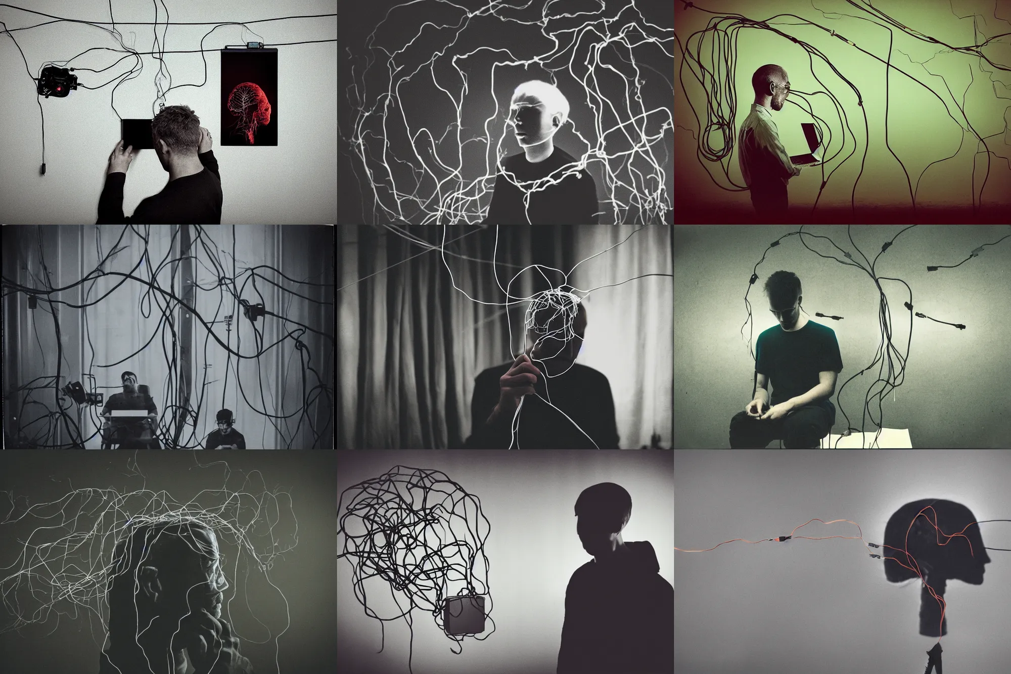 Prompt: a man with a big brain is connected by wires to a computer, Cinematic, filmic, 35mm, dark atmosphere, horror, scary, Wildlife photography, Polaroid, bad quality