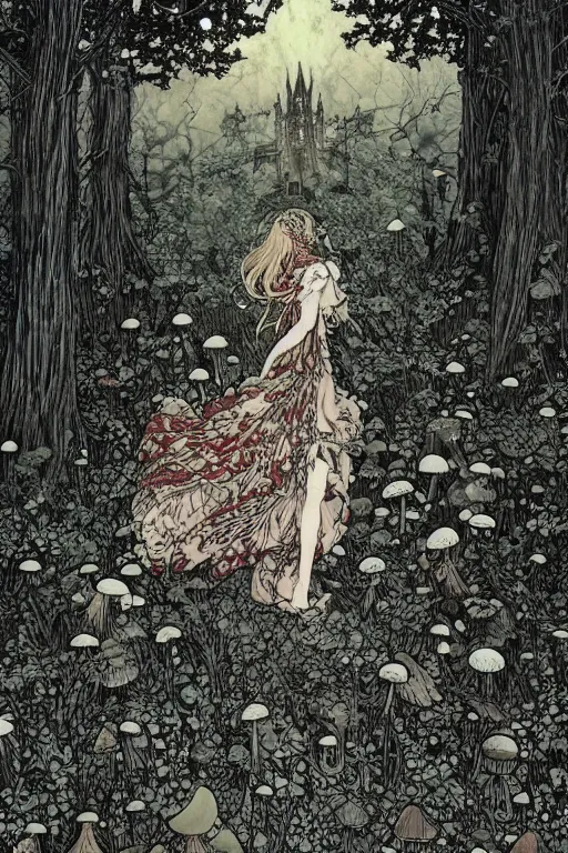 Prompt: mushroomfolk in a in a dress consisting of mushrooms. masterpiece 4k digital design by Takato Yamamoto, award winning, Artstation, Takato Yamamoto aesthetic, Neo-Gothic, gothic, forest on background, intricate details, realistic, hyperdetailed, 8k resolution