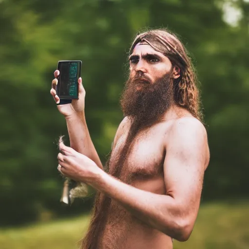 Image similar to photography portrait of a germanic pagan man holding a cell phone, early middle ages, leica 1 0 0 mm f 0. 8