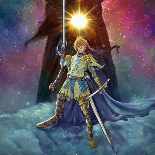 Image similar to a ultra detail picture portrait of A mystical warrior in shimmering armor wielding a legendary sword, the sun at their back, strides forward with sword held high. They are the embodiment of courage and strength, and they are ready to fight for what is right. vivid tones, wide angle, by miyazaki, nausicaa ghibli, 8k, photorealistic,