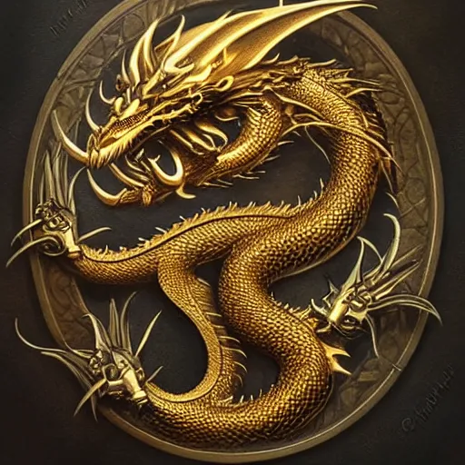 Image similar to emblem of black dragon on a gold metallic dragon emblem, by artgerm, tom bagshaw, gerald brom, moody vibe, victorian vibe, gold, shiny, gold, 4 k, hd,