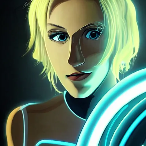 Image similar to Annie Leonhart in a Tron movie, atmospheric photo, beautiful face, cute, realistic skin, beautiful eyes