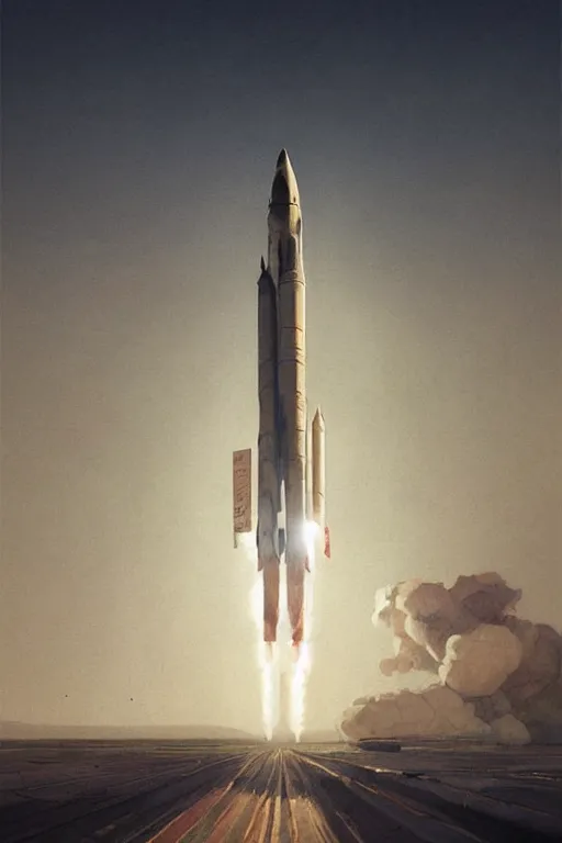 Image similar to poster artwork. distant rocket taking off. on the horizon. during golden hour. symmetry. washed out. desaturated. art by wlop, mars ravelo and greg rutkowski.