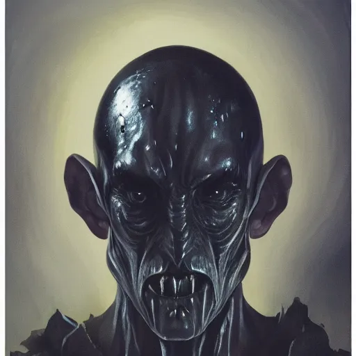 Image similar to Face of a pale alien cultist, intimidating man, large black fish eyes, high forehead, smooth waxy skin, slick clammy skin, ominous, eldritch. oil painting by nuri iyem, james gurney, james jean, greg rutkowski, highly detailed, soft lighting, chiaroscuro