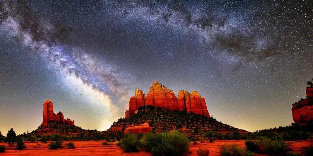 Prompt: long distance shot, sedona's cathedral rock bluff, night, milky way, intricate lines, elegant, extreme detail, sharp focus, photo realistic, ultra realistic, photographic