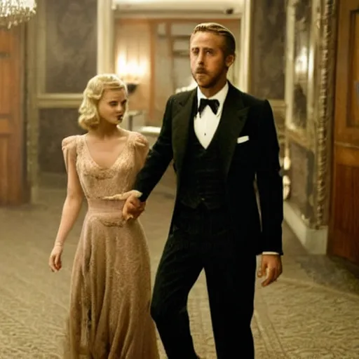 Image similar to still of ryan gosling and margot robbie, in the godfather